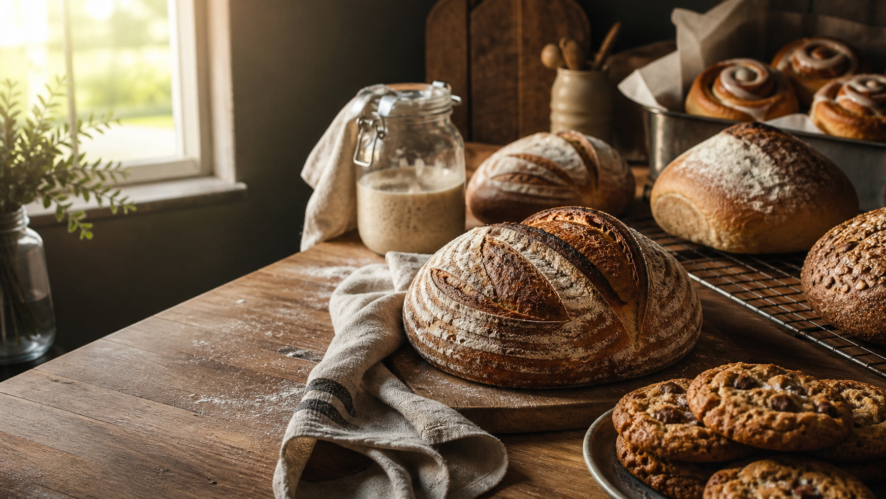 Fresh sourdough loaves, cinnamon rolls, and cookies on a warm kitchen counter